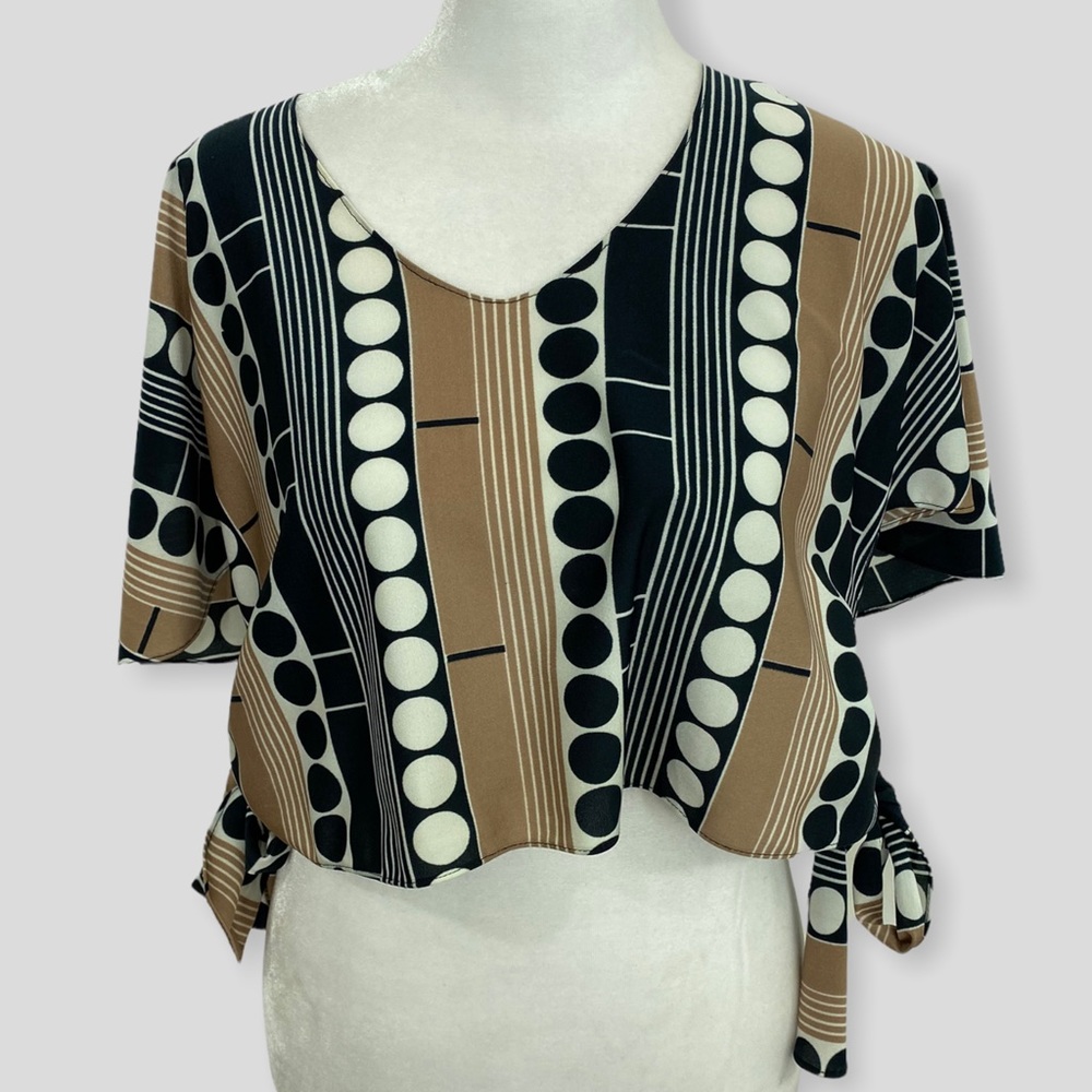 Vintage Handmade Brown Black Circle Geometric Side Tie Cropped Blouse